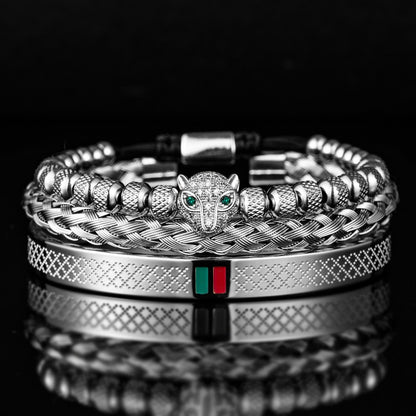 Bracelet de tressage de luxe fait à la main pour hommes, Pave CZ, tête de léopard.