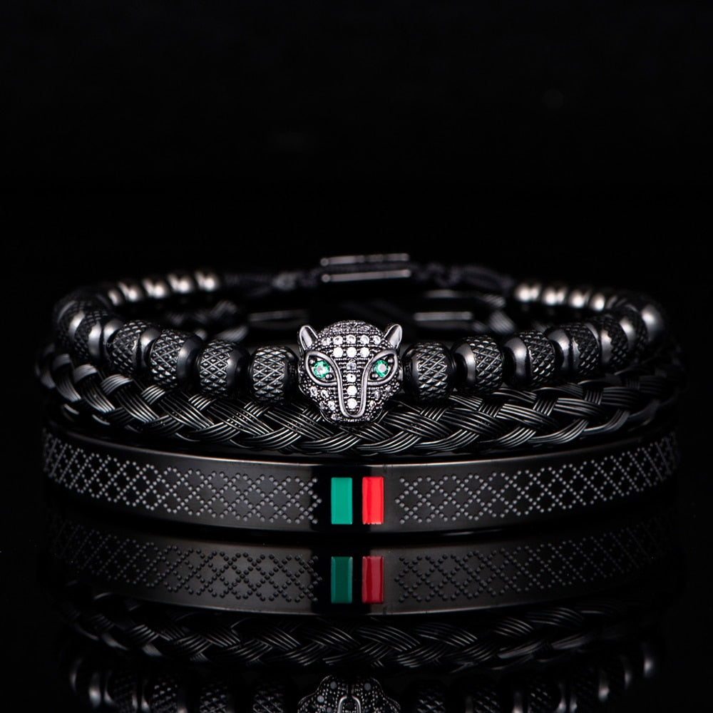 Bracelet de tressage de luxe fait à la main pour hommes, Pave CZ, tête de léopard.