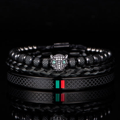 Bracelet de tressage de luxe fait à la main pour hommes, Pave CZ, tête de léopard.
