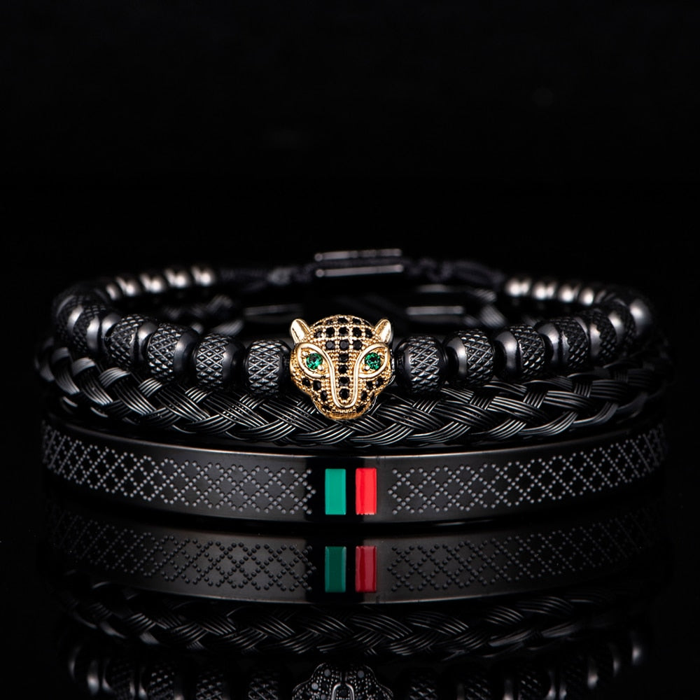 Bracelet de tressage de luxe fait à la main pour hommes, Pave CZ, tête de léopard.