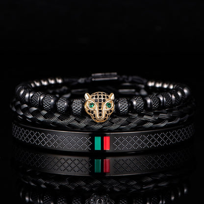 Bracelet de tressage de luxe fait à la main pour hommes, Pave CZ, tête de léopard.