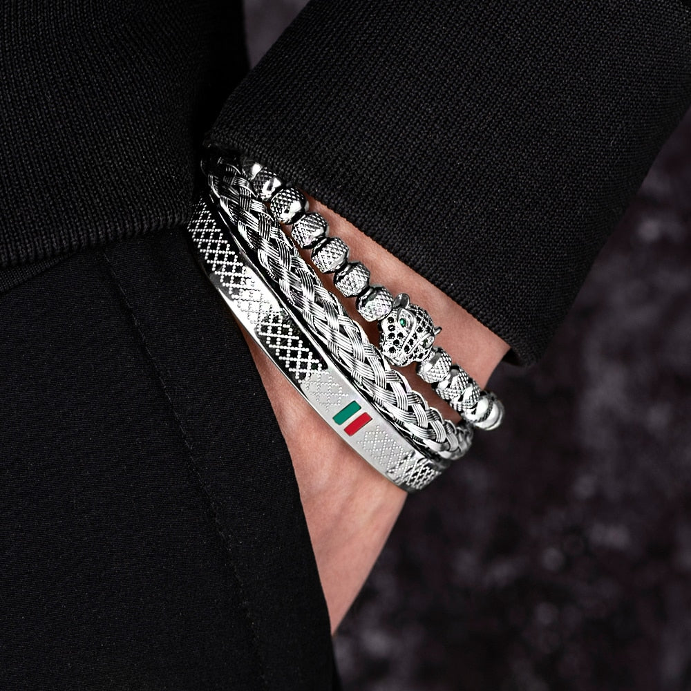 Bracelet de tressage de luxe fait à la main pour hommes, Pave CZ, tête de léopard.