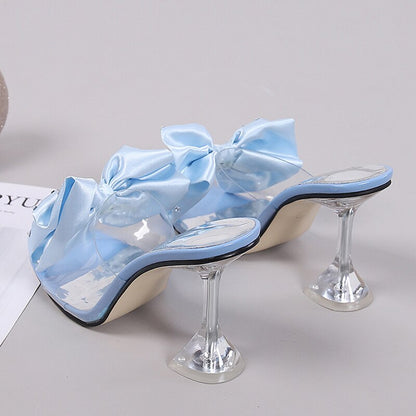 Pantoufles à talons hauts avec nœud en cristal pour femmes.