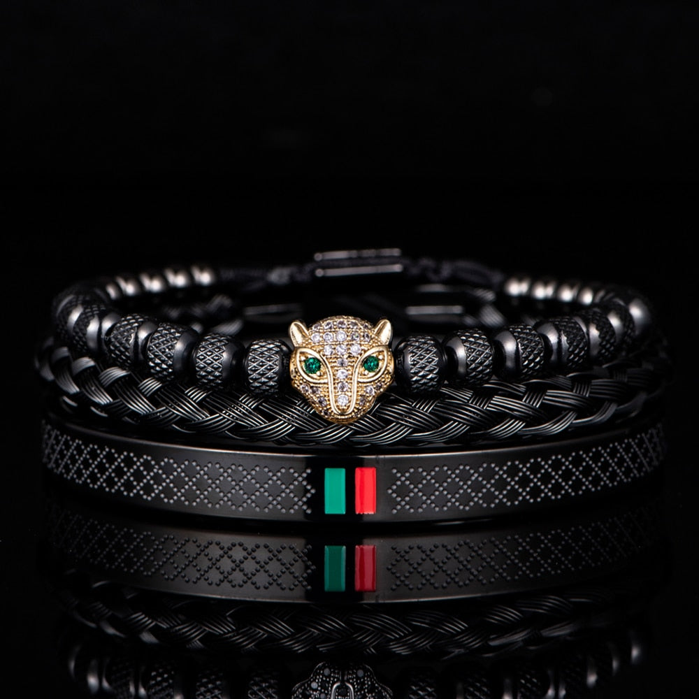 Bracelet de tressage de luxe fait à la main pour hommes, Pave CZ, tête de léopard.