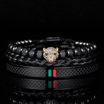 Bracelet de tressage de luxe fait à la main pour hommes, Pave CZ, tête de léopard.