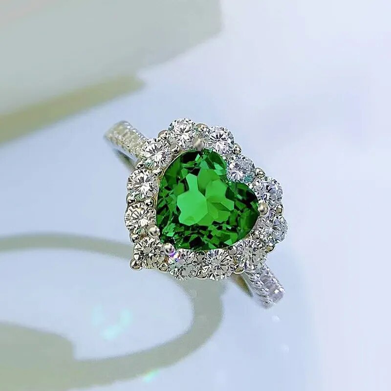 Bagues en diamant coeur émeraude pour femmes Argent 100%