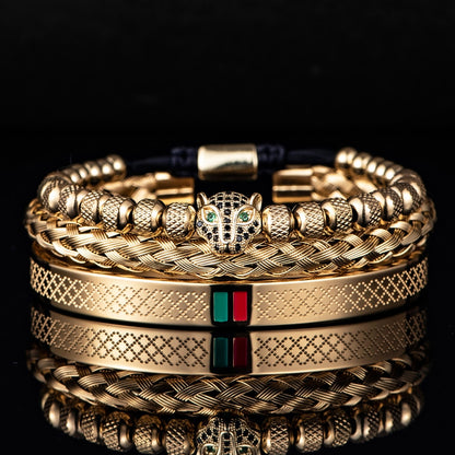 Bracelet de tressage de luxe fait à la main pour hommes, Pave CZ, tête de léopard.