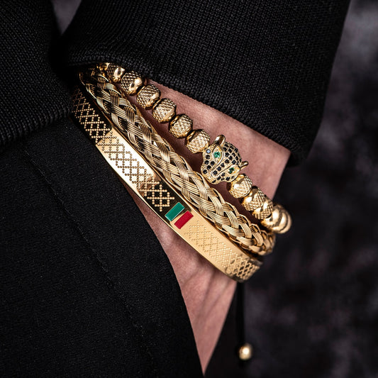 Bracelet de tressage de luxe fait à la main pour hommes, Pave CZ, tête de léopard.