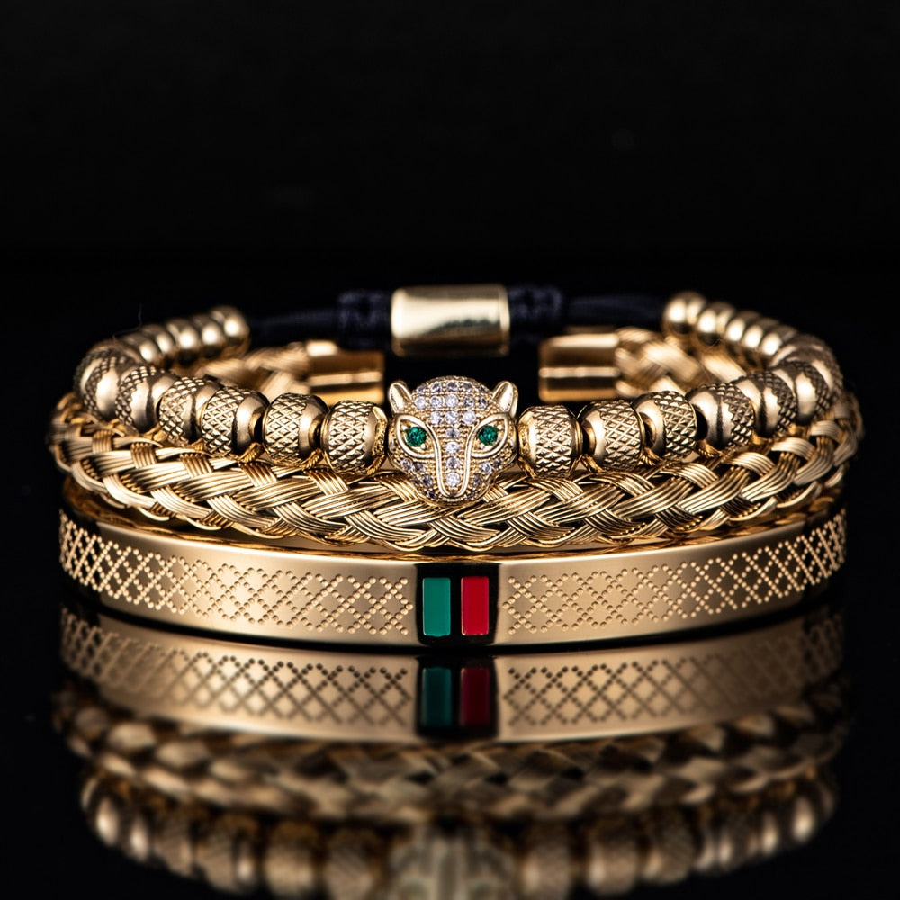 Bracelet de tressage de luxe fait à la main pour hommes, Pave CZ, tête de léopard.