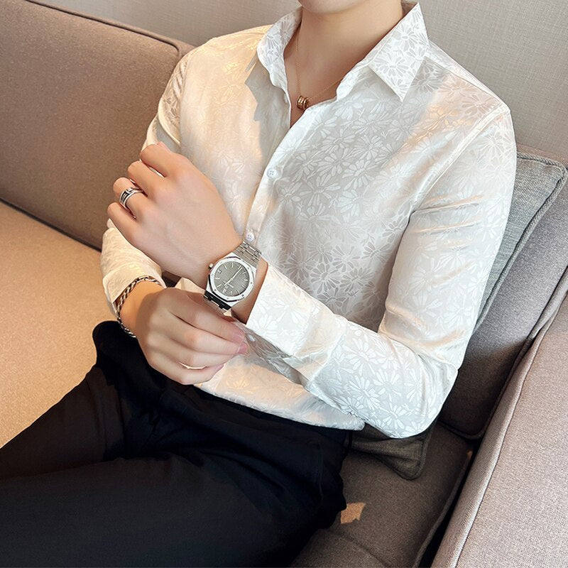 Chemise à manches longues floral pour hommes, chemises à fleurs de style coréen.