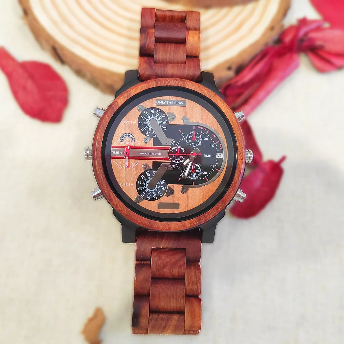 Montre homme en bois à quartz double horloge.