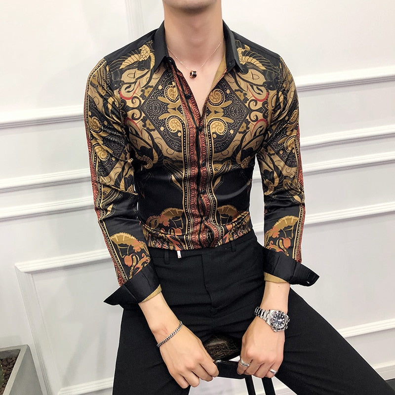 Chemises or pour hommes, style baroque de luxe, Slim, à manches longues.