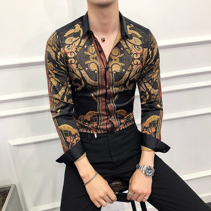 Chemises or pour hommes, style baroque de luxe, Slim, à manches longues.