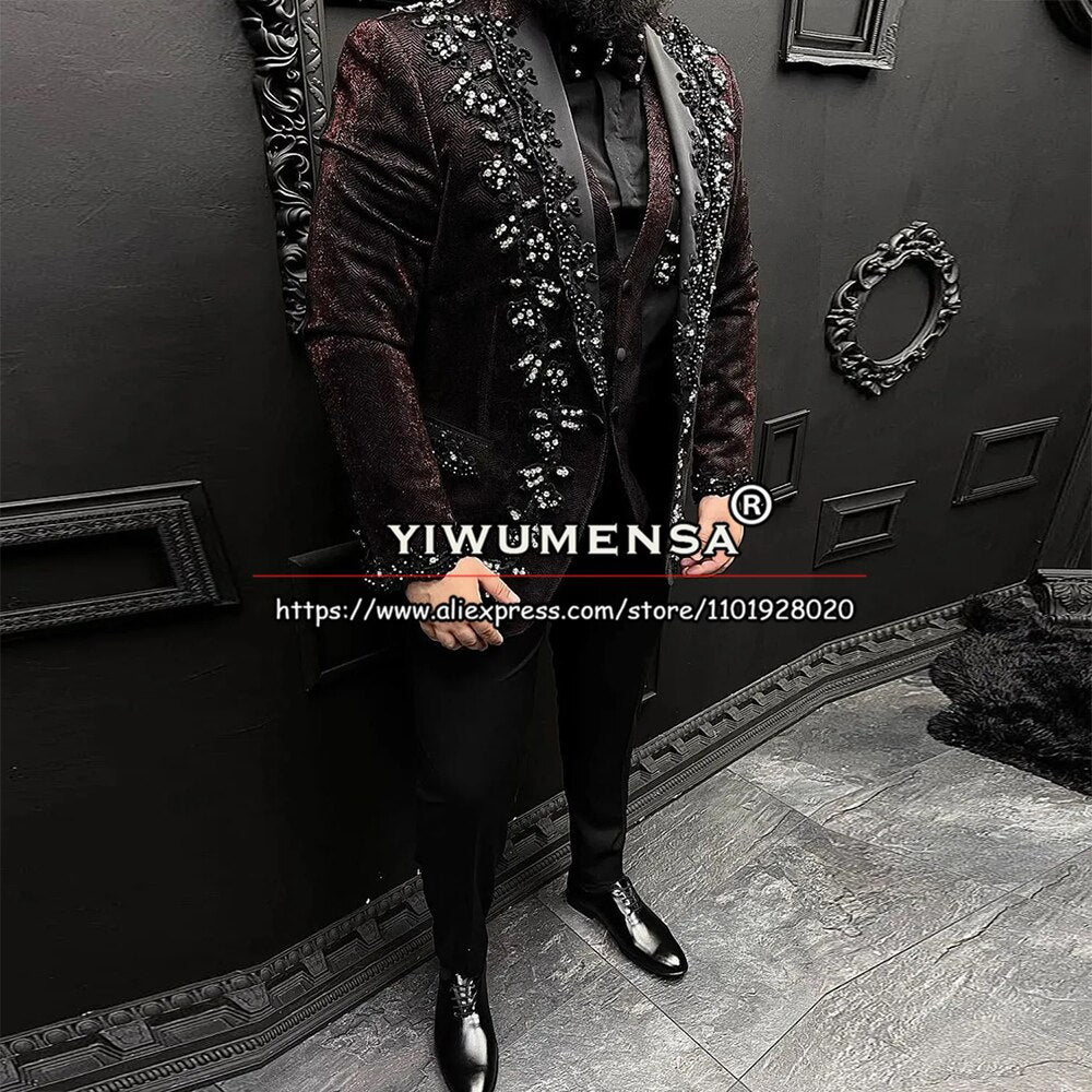 costume de luxe imbibé pour hommes, appliques noires perlées, blazer formel, glaçure.