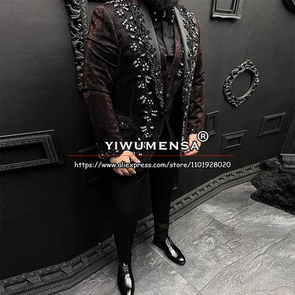 costume de luxe imbibé pour hommes, appliques noires perlées, blazer formel, glaçure.