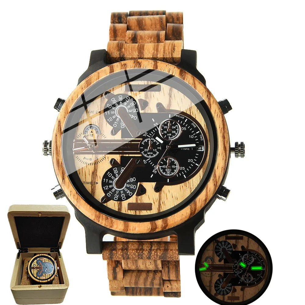 Montre homme en bois à quartz double horloge.