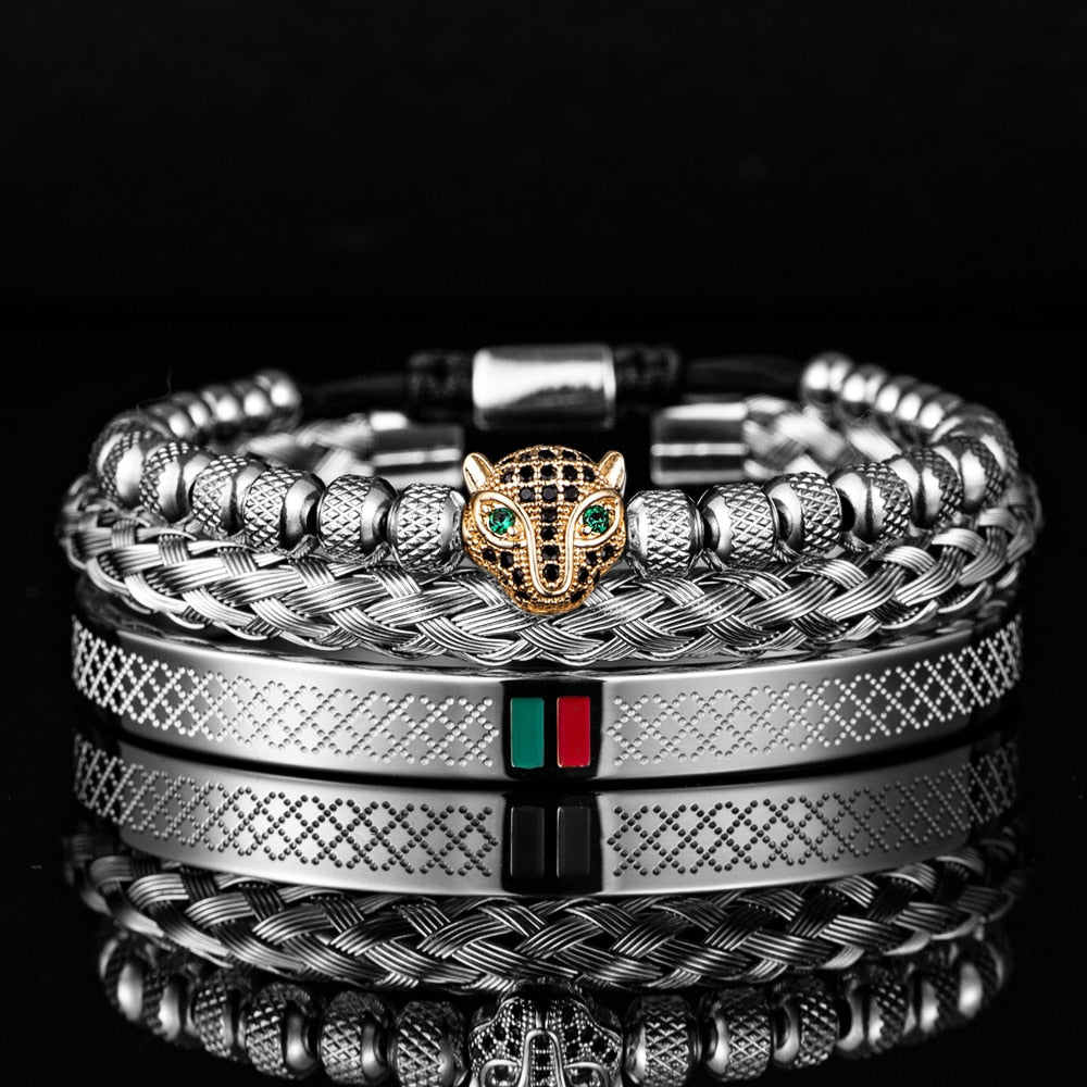Bracelet de tressage de luxe fait à la main pour hommes, Pave CZ, tête de léopard.