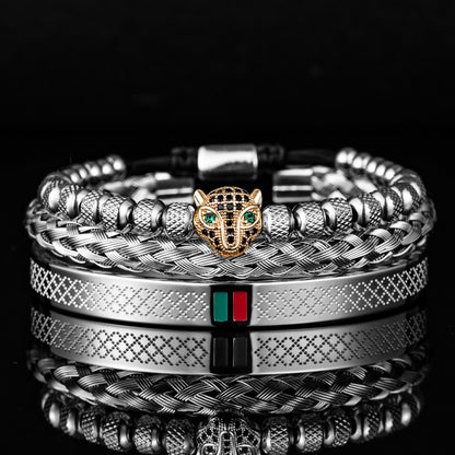 Bracelet de tressage de luxe fait à la main pour hommes, Pave CZ, tête de léopard.