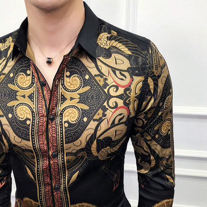 Chemises or pour hommes, style baroque de luxe, Slim, à manches longues.