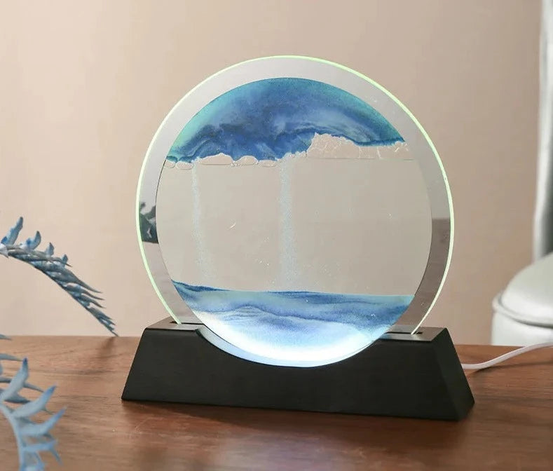 Lampe de table 3D en forme de sablier avec éclairage et sable mouvant.
