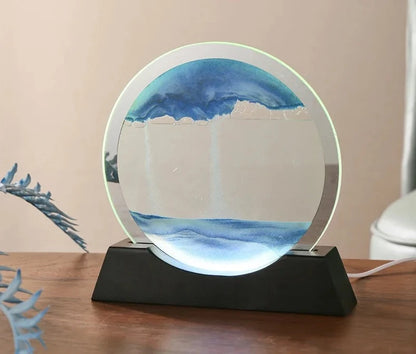 Lampe de table 3D en forme de sablier avec éclairage et sable mouvant.