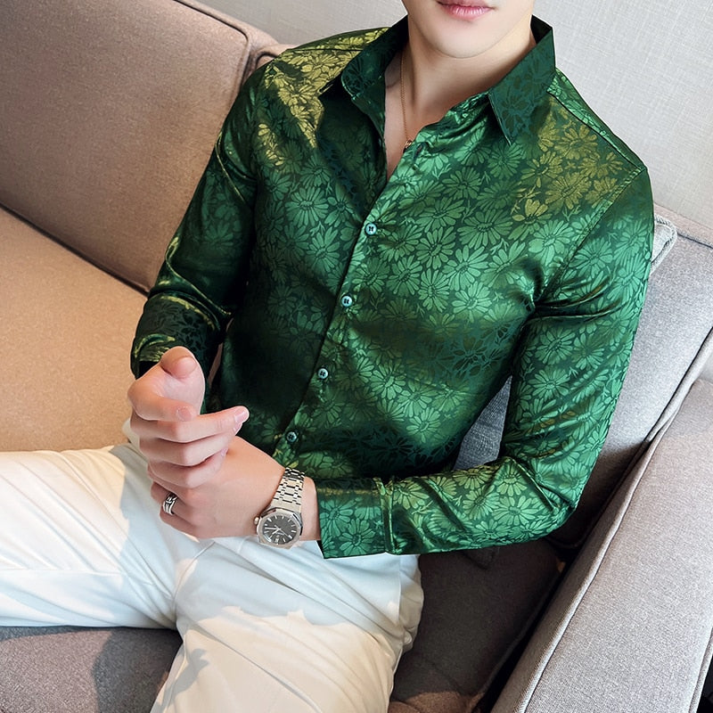 Chemise à manches longues floral pour hommes, chemises à fleurs de style coréen.