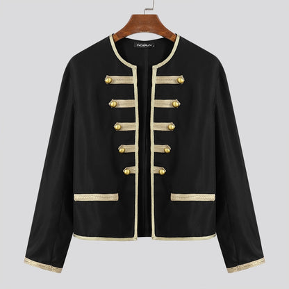 Vestes col rond à manches longues, Streetwear ouvert, Patchwork Vintage élégant mince manteaux hommes