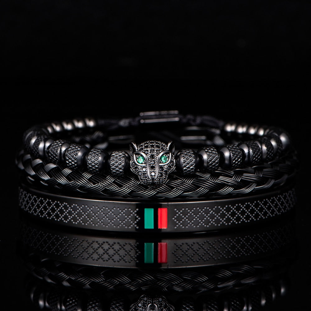 Bracelet de tressage de luxe fait à la main pour hommes, Pave CZ, tête de léopard.
