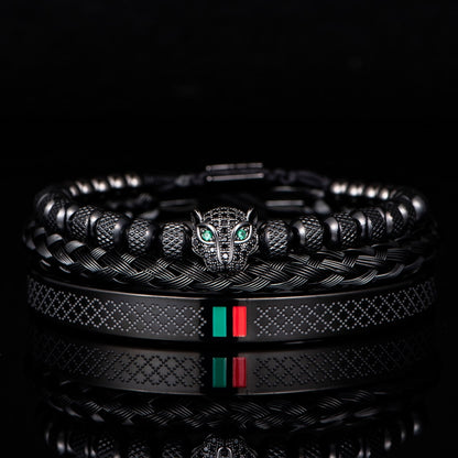 Bracelet de tressage de luxe fait à la main pour hommes, Pave CZ, tête de léopard.