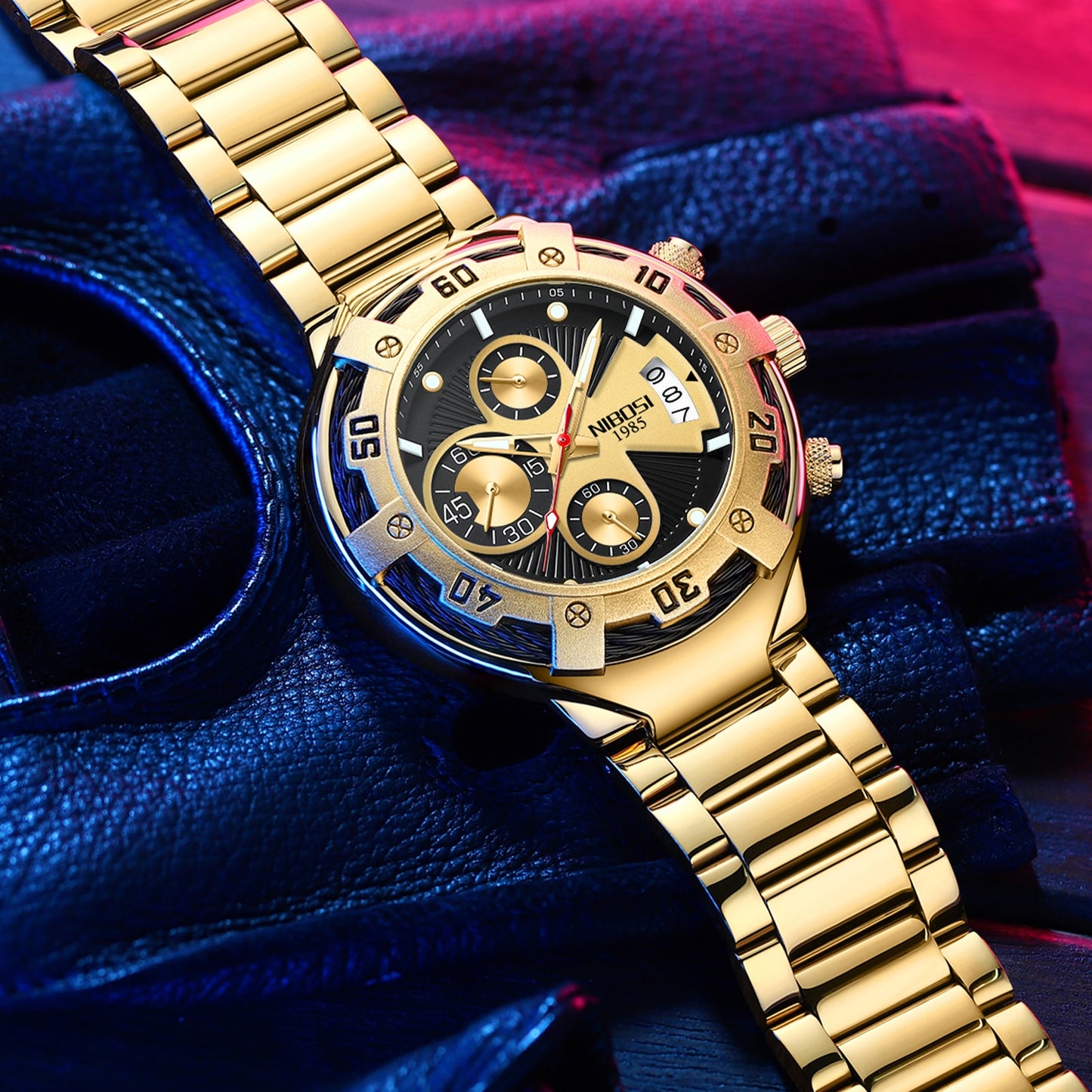 Montre de sport pour hommes étanche chronographe en acier inoxydable.