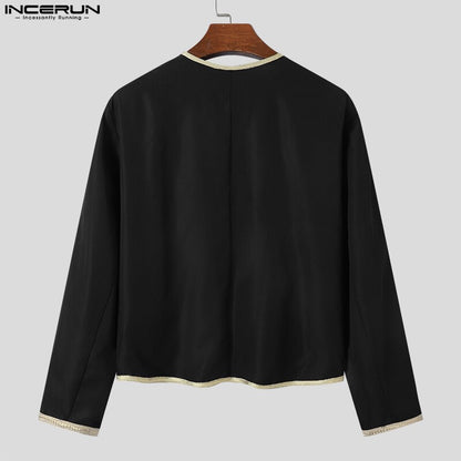 Vestes col rond à manches longues, Streetwear ouvert, Patchwork Vintage élégant mince manteaux hommes