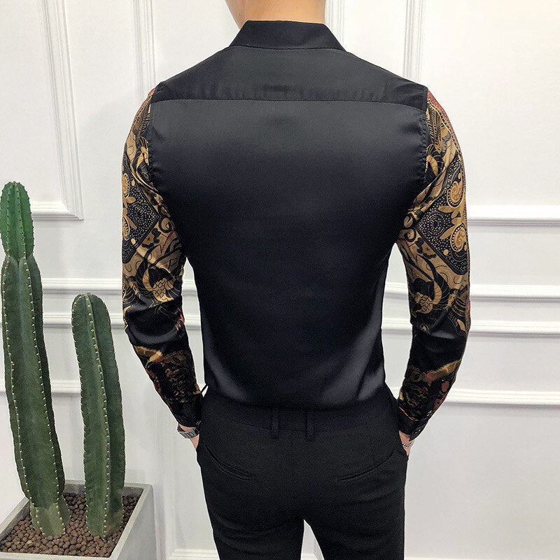 Chemises or pour hommes, style baroque de luxe, Slim, à manches longues.