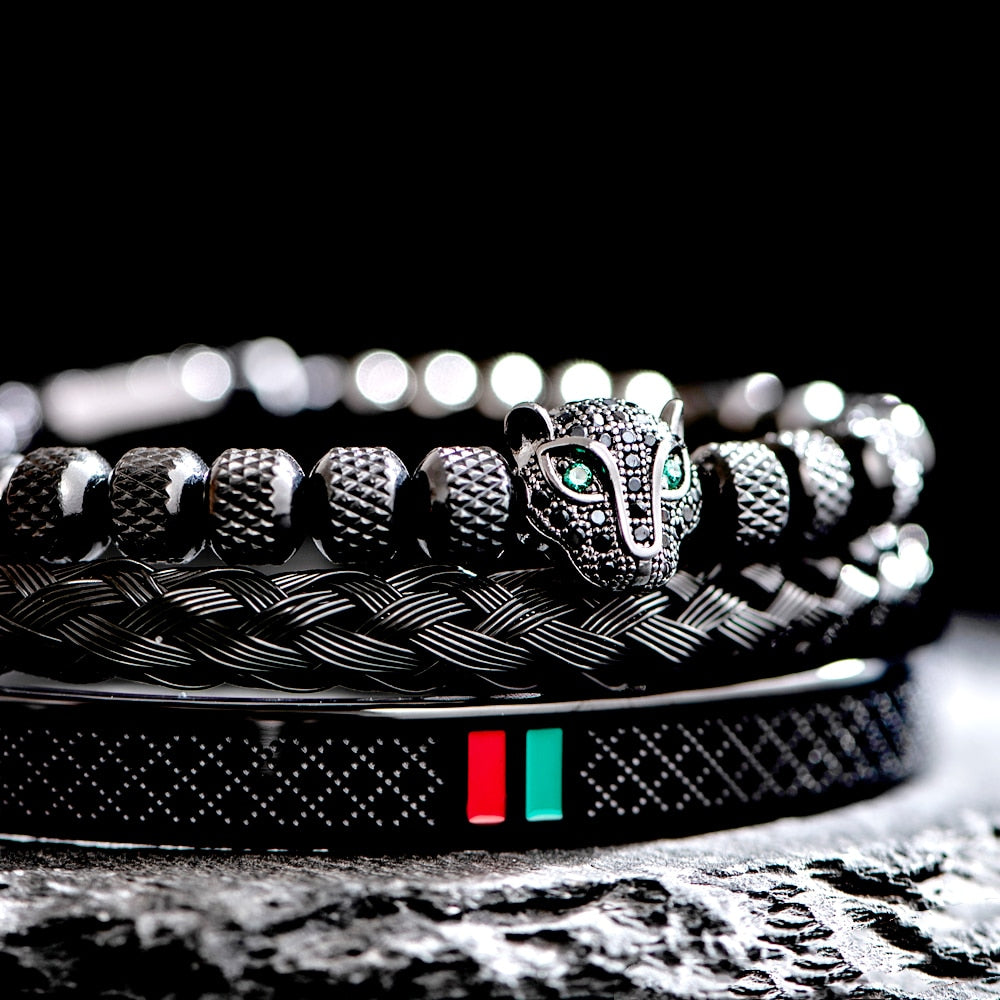 Bracelet de tressage de luxe fait à la main pour hommes, Pave CZ, tête de léopard.