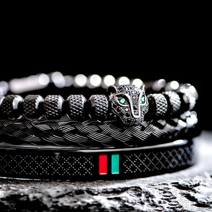 Bracelet de tressage de luxe fait à la main pour hommes, Pave CZ, tête de léopard.