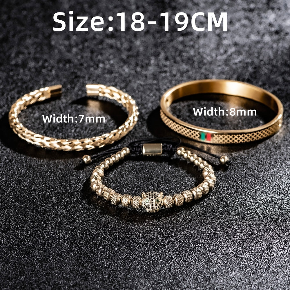 Bracelet de tressage de luxe fait à la main pour hommes, Pave CZ, tête de léopard.