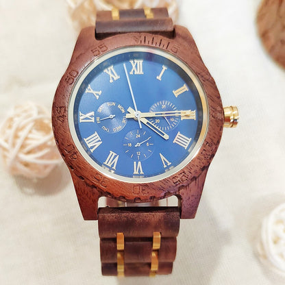 Montres bracelets en bois  pour hommes affichage de la date et de la semaine.