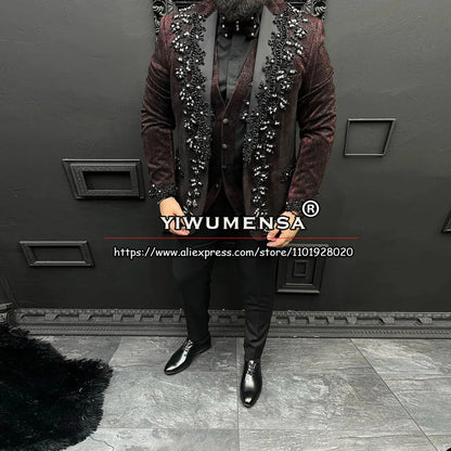 costume de luxe imbibé pour hommes, appliques noires perlées, blazer formel, glaçure.