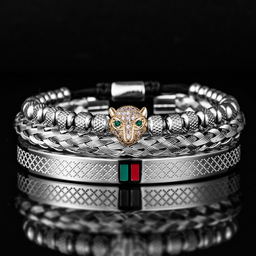 Bracelet de tressage de luxe fait à la main pour hommes, Pave CZ, tête de léopard.