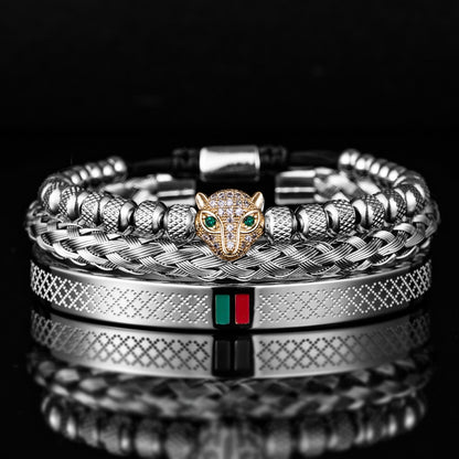 Bracelet de tressage de luxe fait à la main pour hommes, Pave CZ, tête de léopard.