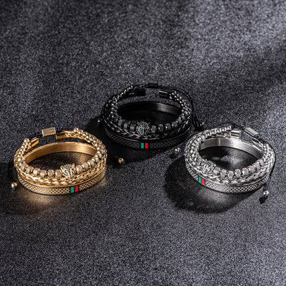 Bracelet de tressage de luxe fait à la main pour hommes, Pave CZ, tête de léopard.