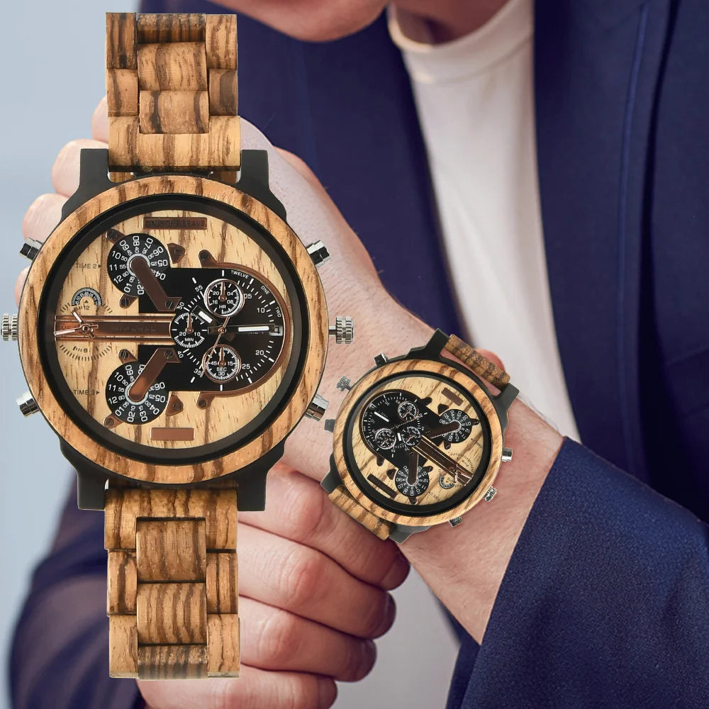 Montre homme en bois à quartz double horloge.