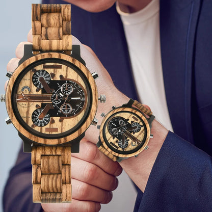 Montre homme en bois à quartz double horloge.