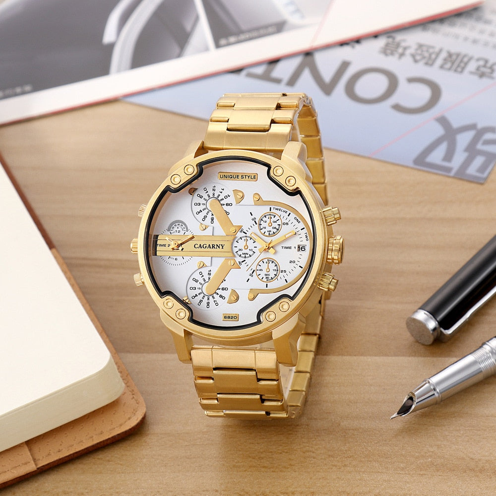 Montre classique à grand cadran pour hommes doubles horloges.