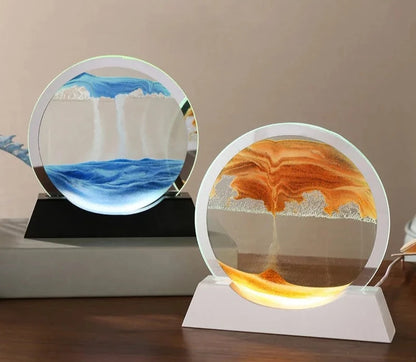 Lampe de table 3D en forme de sablier avec éclairage et sable mouvant.