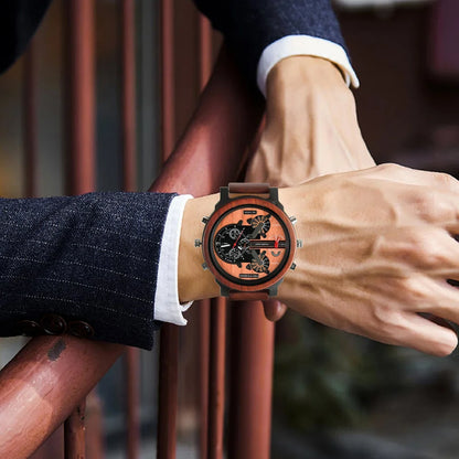 Montre homme en bois à quartz double horloge.