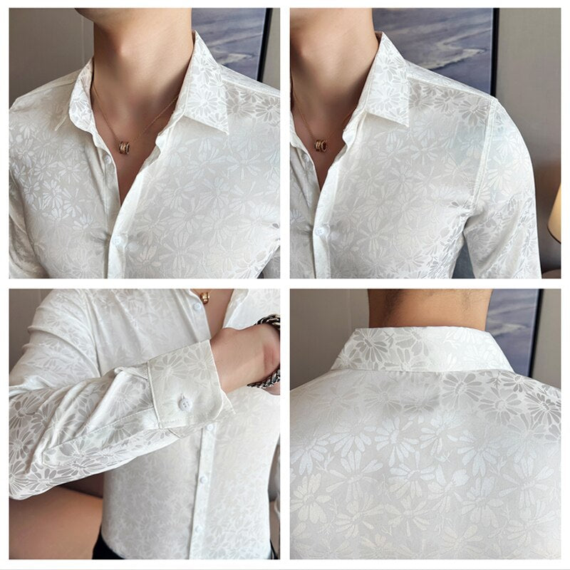 Chemise à manches longues floral pour hommes, chemises à fleurs de style coréen.