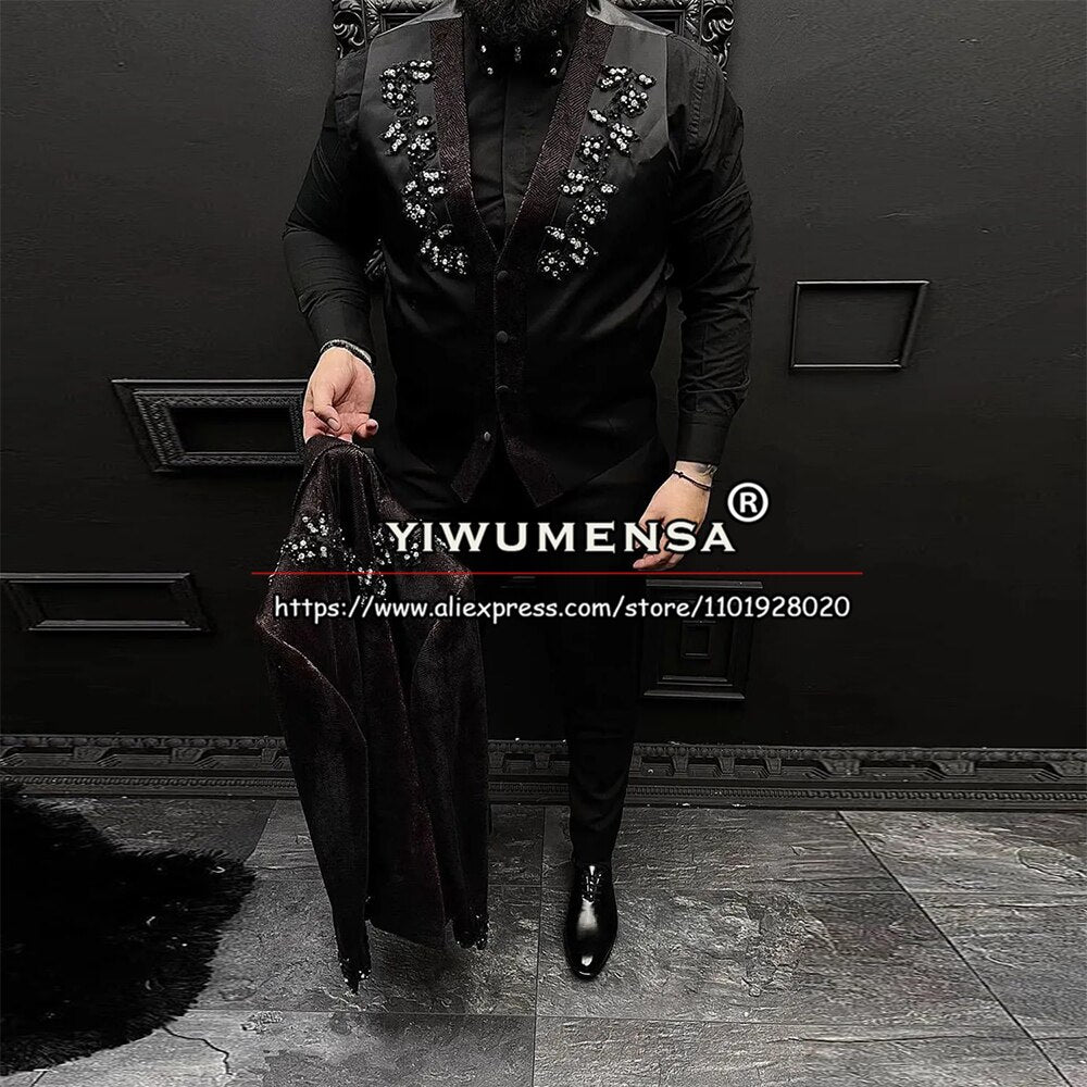 costume de luxe imbibé pour hommes, appliques noires perlées, blazer formel, glaçure.