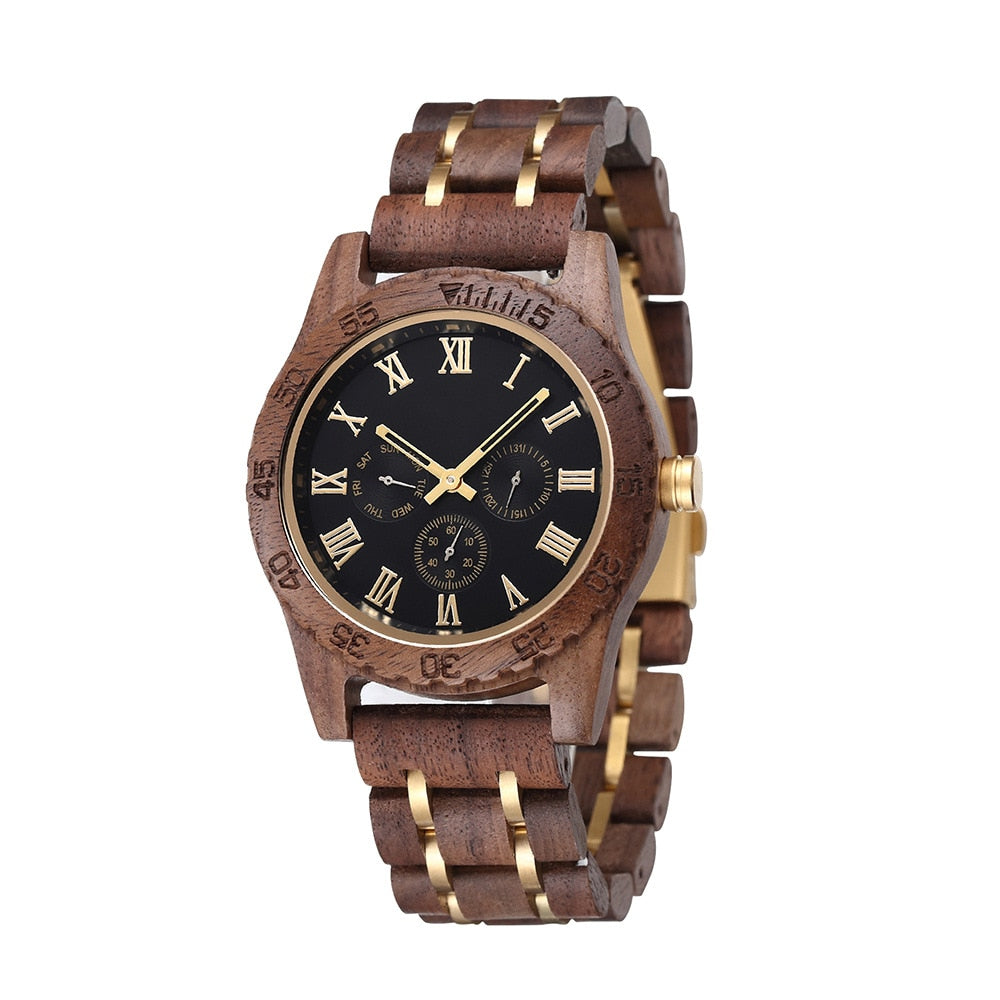 Montres bracelets en bois  pour hommes affichage de la date et de la semaine.
