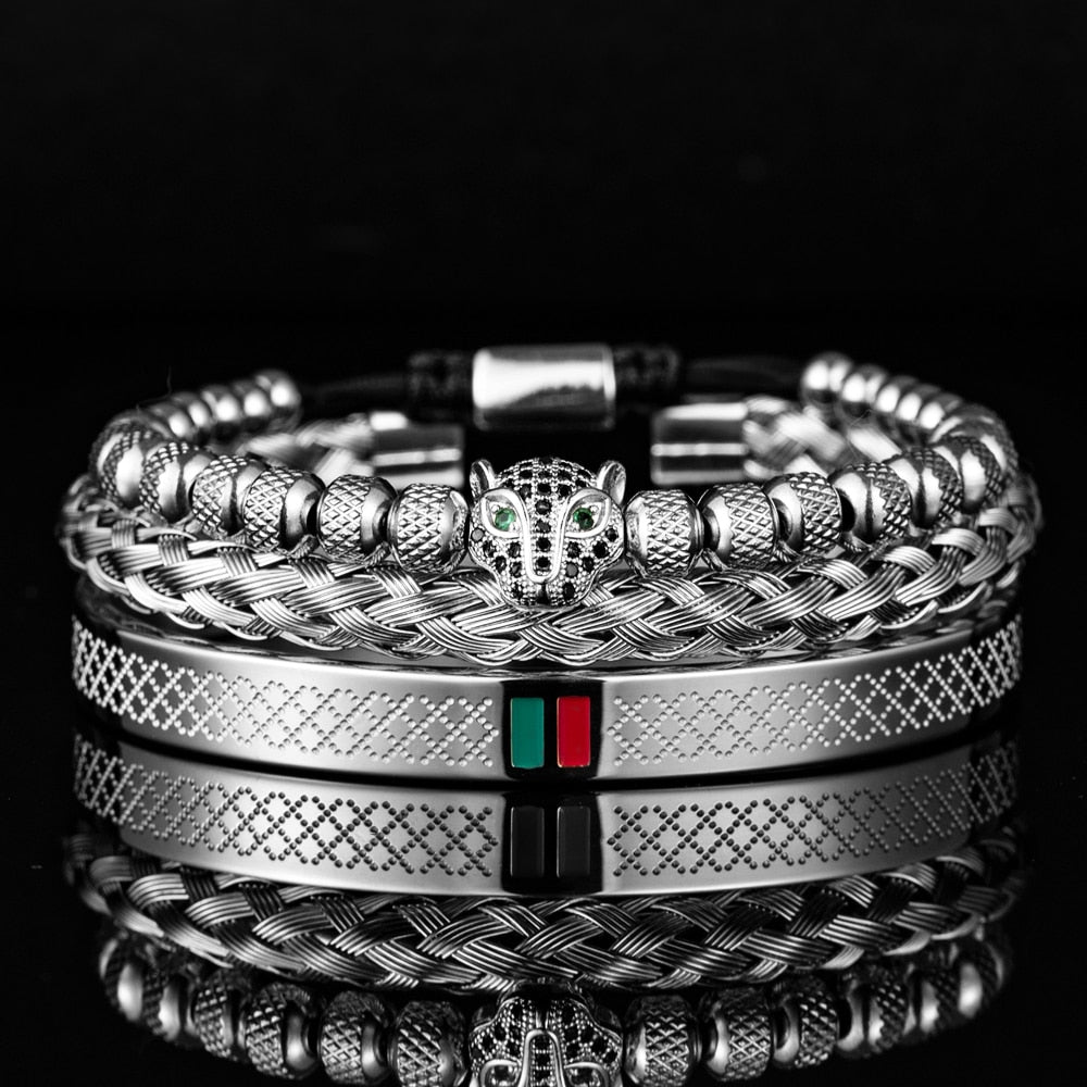 Bracelet de tressage de luxe fait à la main pour hommes, Pave CZ, tête de léopard.
