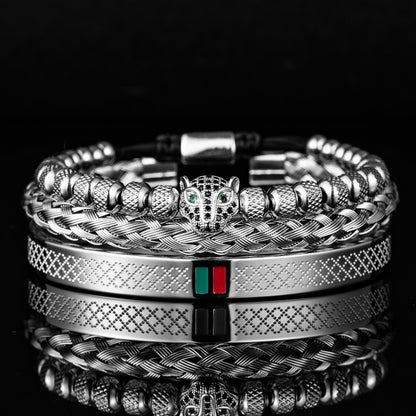 Bracelet de tressage de luxe fait à la main pour hommes, Pave CZ, tête de léopard.